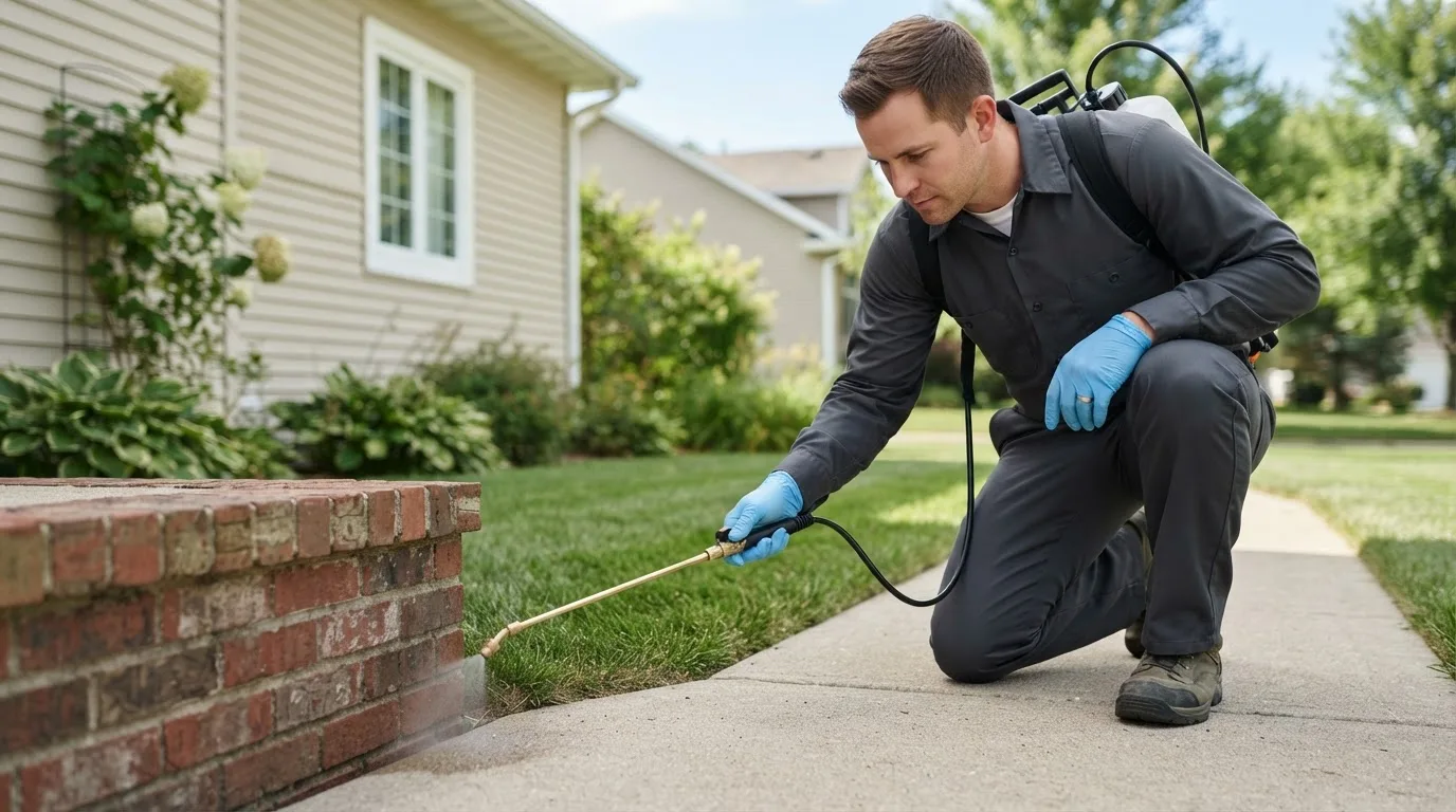 Pest control technician treating a home near Aneta, ND