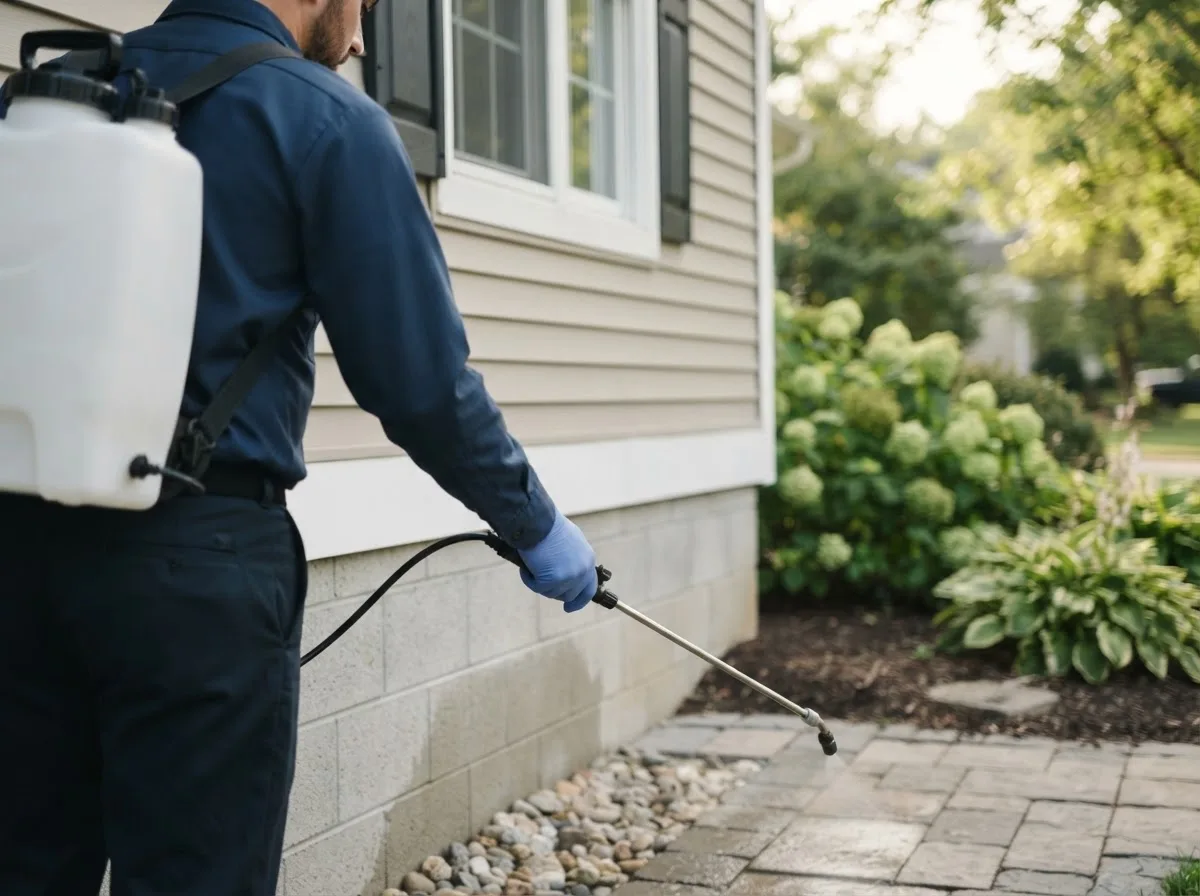 Pest control technician inspecting a home in Aneta, ND